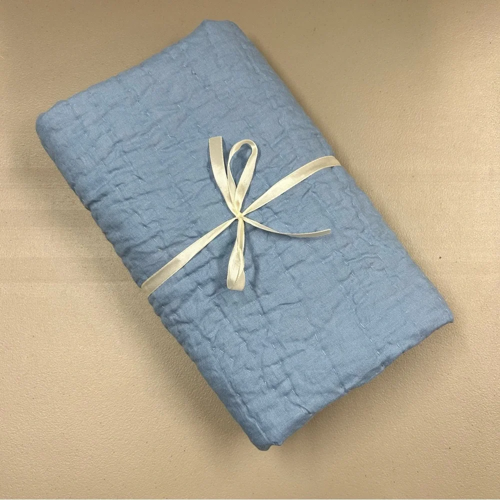 Pottery Barn Light Belgian Linen Hand Stitched Quilted Sham King Size Cornflower